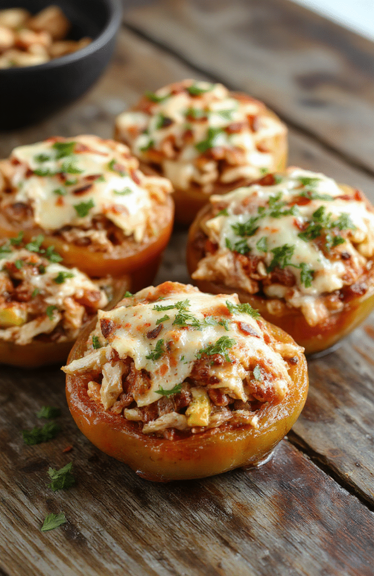 Colorful stuffed peppers filled with shredded chicken and rice, topped with melted cheese and decorated with spooky halloween accents, vibrant colors, neatly arranged on a white plate, rustic wooden background