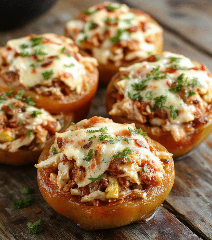 Colorful stuffed peppers filled with shredded chicken and rice, topped with melted cheese and decorated with spooky halloween accents, vibrant colors, neatly arranged on a white plate, rustic wooden background