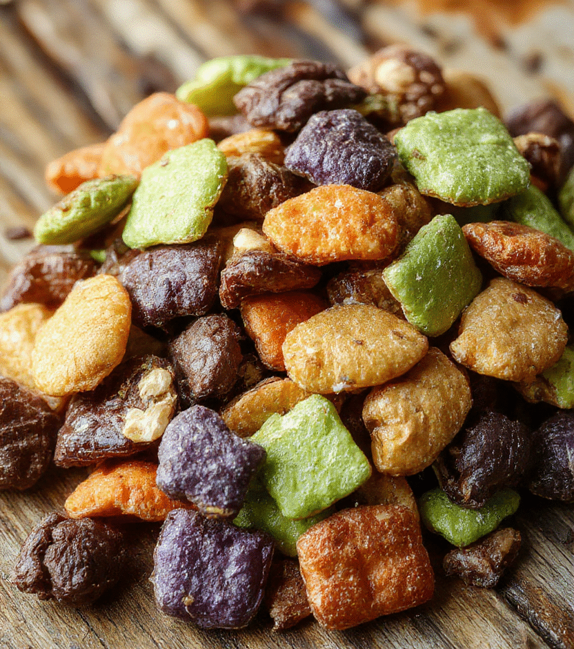 A colorful Halloween-themed trail mix displayed in a clear glass bowl, featuring red and purple candies resembling vampire bites, crunchy nuts, and festive fall elements, styled on a rustic wooden surface with scattered candies and fall leaves.