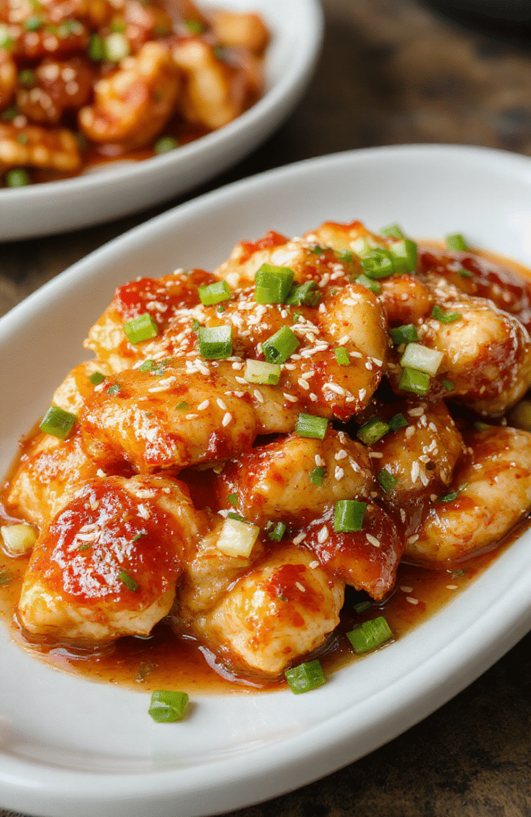 A vibrant plate of sweet chili chicken featuring tender, crispy chicken pieces coated in glossy, spicy sweet chili sauce, garnished with chopped green onions and sesame seeds, on a clean white plate with a colorful backdrop of fresh vegetables and herbs, showcasing textures of crispy chicken and glossy sauce.