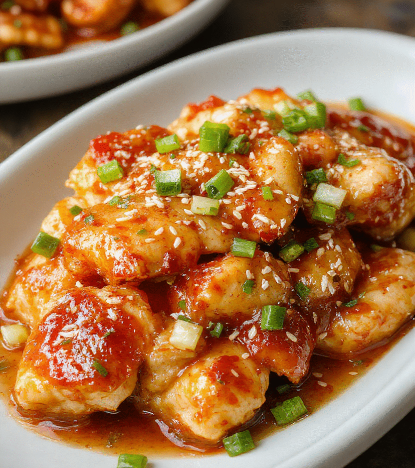 A vibrant plate of sweet chili chicken featuring tender, crispy chicken pieces coated in glossy, spicy sweet chili sauce, garnished with chopped green onions and sesame seeds, on a clean white plate with a colorful backdrop of fresh vegetables and herbs, showcasing textures of crispy chicken and glossy sauce.