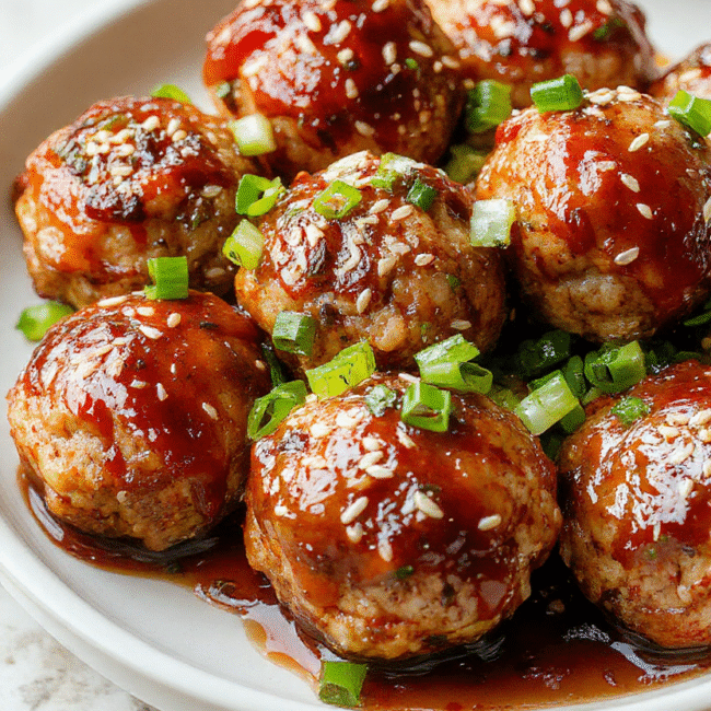 Colorful plate of glossy, golden-brown Asian turkey meatballs glazed with a sweet and spicy sauce, garnished with sesame seeds and chopped green onions on a white ceramic plate, styled with vibrant vegetables and fresh herbs, textured surfaces highlighting the tender meat and sticky glaze, with a subtle Asian-inspired backdrop.