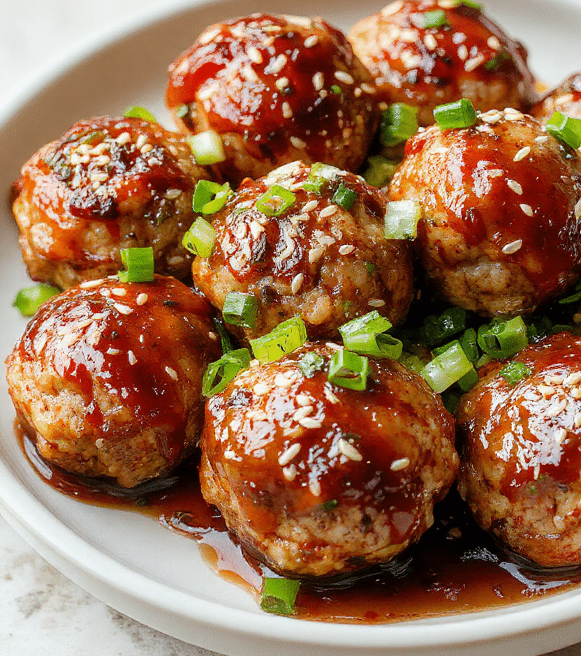 Colorful plate of glossy, golden-brown Asian turkey meatballs glazed with a sweet and spicy sauce, garnished with sesame seeds and chopped green onions on a white ceramic plate, styled with vibrant vegetables and fresh herbs, textured surfaces highlighting the tender meat and sticky glaze, with a subtle Asian-inspired backdrop.
