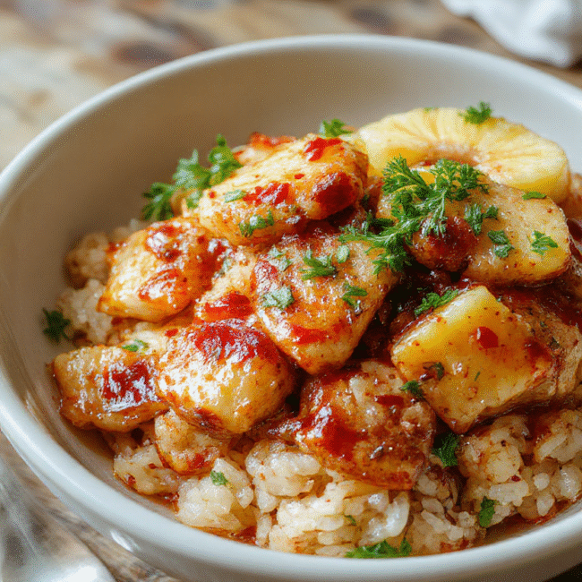 Colorful plate featuring golden pineapple chunks glazed with a caramelized sheen, tender pieces of chicken nestled beside fluffy white rice, garnished with fresh herbs, vibrant pineapple and green onions add contrast, styled simply on a white plate with a rustic wooden background.