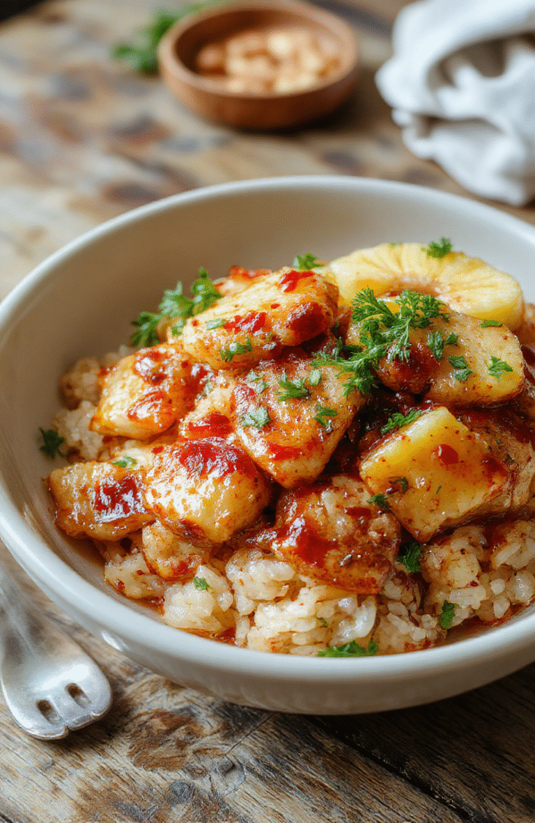Colorful plate featuring golden pineapple chunks glazed with a caramelized sheen, tender pieces of chicken nestled beside fluffy white rice, garnished with fresh herbs, vibrant pineapple and green onions add contrast, styled simply on a white plate with a rustic wooden background.