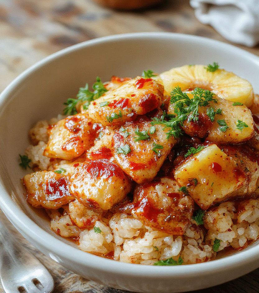 Colorful plate featuring golden pineapple chunks glazed with a caramelized sheen, tender pieces of chicken nestled beside fluffy white rice, garnished with fresh herbs, vibrant pineapple and green onions add contrast, styled simply on a white plate with a rustic wooden background.
