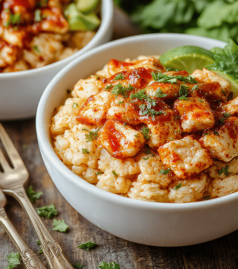 A vibrant plate of honey chipotle chicken rice bowls topped with fresh cilantro, lime wedges, and slices of grilled chicken with a glossy glaze, colorful vegetables, and a sprinkle of sesame seeds, styled on a rustic wooden table.