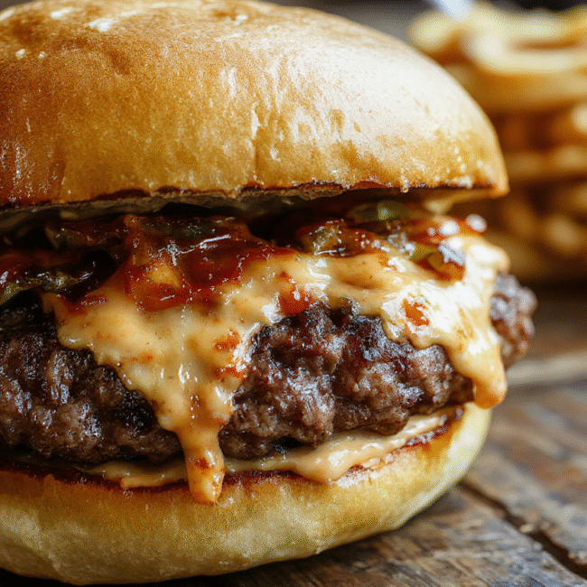 A juicy crack burger with melted cheese, crispy bacon, fresh lettuce, tomato, and pickles on a toasted bun, styled on a rustic wooden board with vibrant colors