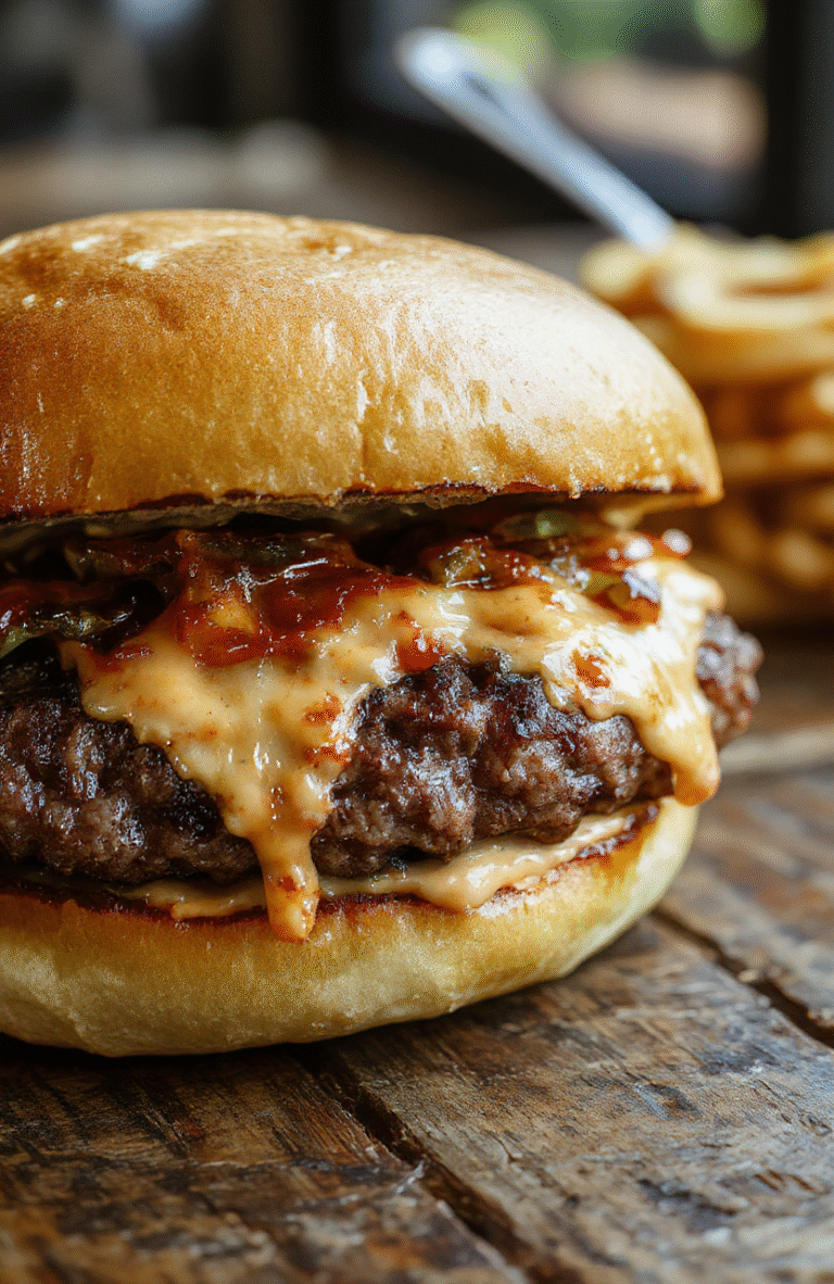 A juicy crack burger with melted cheese, crispy bacon, fresh lettuce, tomato, and pickles on a toasted bun, styled on a rustic wooden board with vibrant colors