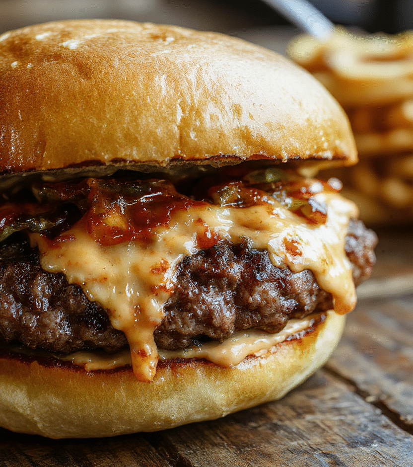 A juicy crack burger with melted cheese, crispy bacon, fresh lettuce, tomato, and pickles on a toasted bun, styled on a rustic wooden board with vibrant colors