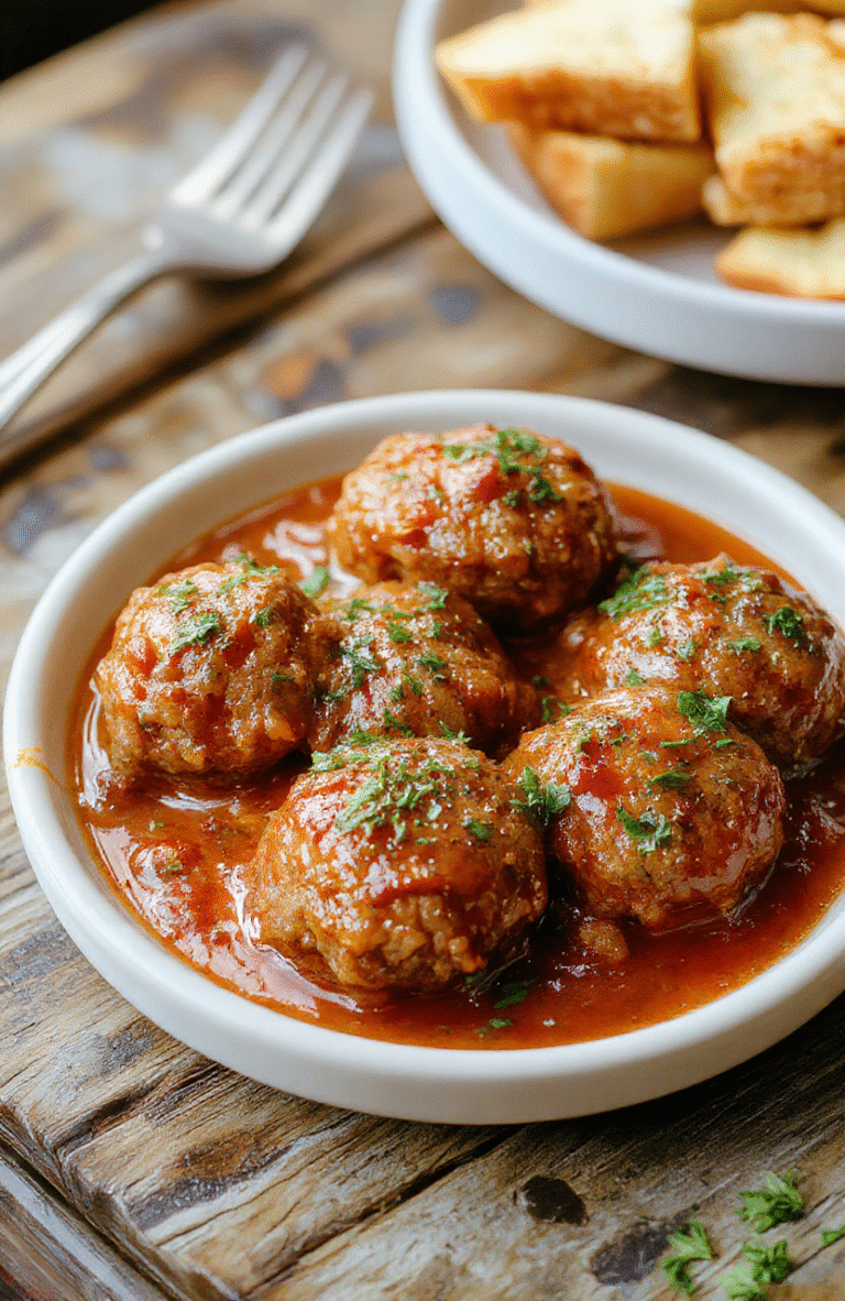 A close-up of perfectly round Italian meatballs with a golden-brown crust, resting in marinara sauce on a rustic plate, garnished with fresh basil leaves, styled for a cozy dinner scene.