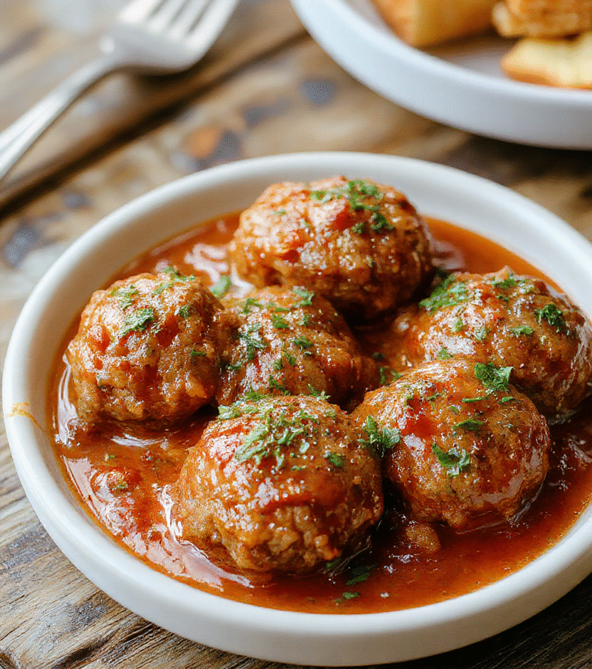 A close-up of perfectly round Italian meatballs with a golden-brown crust, resting in marinara sauce on a rustic plate, garnished with fresh basil leaves, styled for a cozy dinner scene.