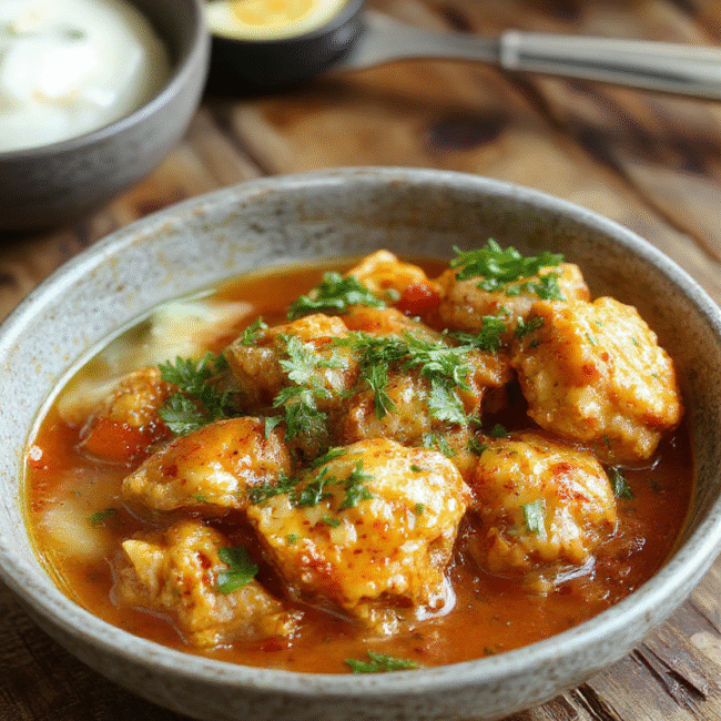 A vibrant bowl of creamy butter chicken with tender chunks of chicken coated in a rich tomato and butter sauce, garnished with fresh cilantro, served on a rustic wooden table with a side of fluffy rice and colorful vegetables, styled casually with natural lighting.