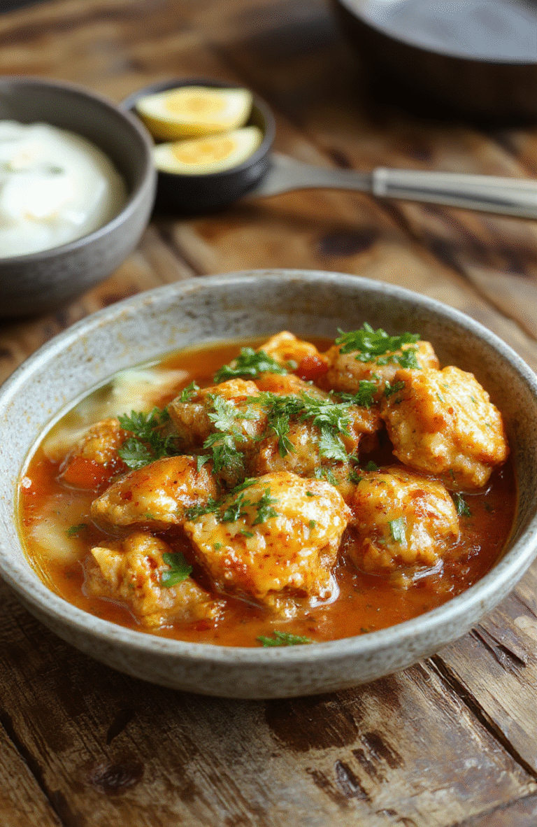 A vibrant bowl of creamy butter chicken with tender chunks of chicken coated in a rich tomato and butter sauce, garnished with fresh cilantro, served on a rustic wooden table with a side of fluffy rice and colorful vegetables, styled casually with natural lighting.