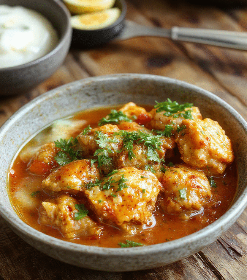 A vibrant bowl of creamy butter chicken with tender chunks of chicken coated in a rich tomato and butter sauce, garnished with fresh cilantro, served on a rustic wooden table with a side of fluffy rice and colorful vegetables, styled casually with natural lighting.