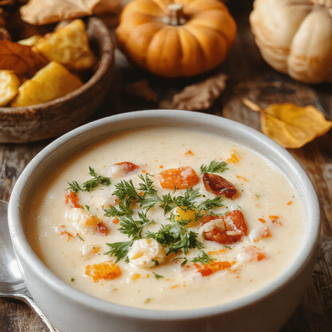 A warm bowl of wild rice soup with chunks of vegetables and herbs, topped with a sprinkle of fresh parsley, served on a rustic wooden table with a cozy fall background featuring pumpkins and dried leaves. The soup has a creamy texture with visible wild rice and colorful vegetables, styled beautifully to evoke comfort and autumnal warmth.