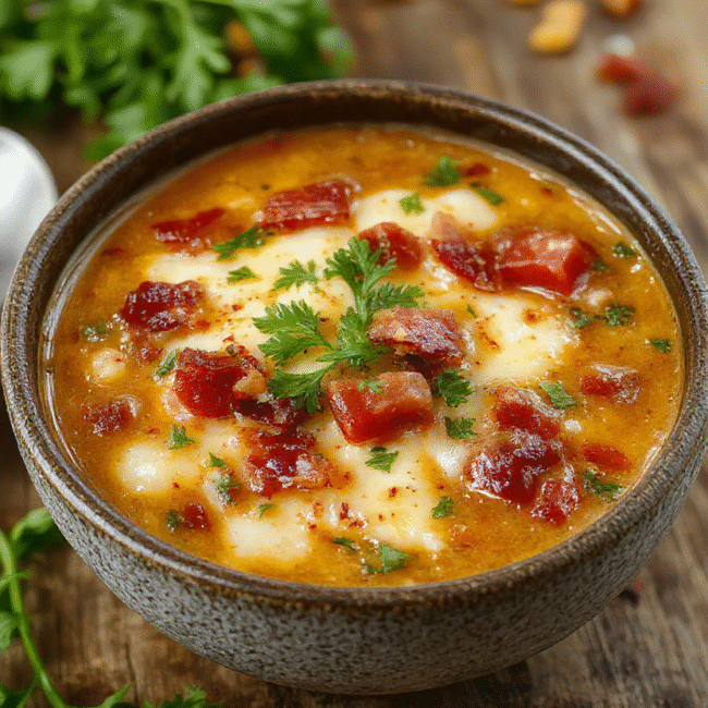 A vibrant bowl of cheeseburger soup with melted cheese, diced tomatoes, and crispy bacon garnished with fresh parsley, served with crusty bread on a rustic wooden table.