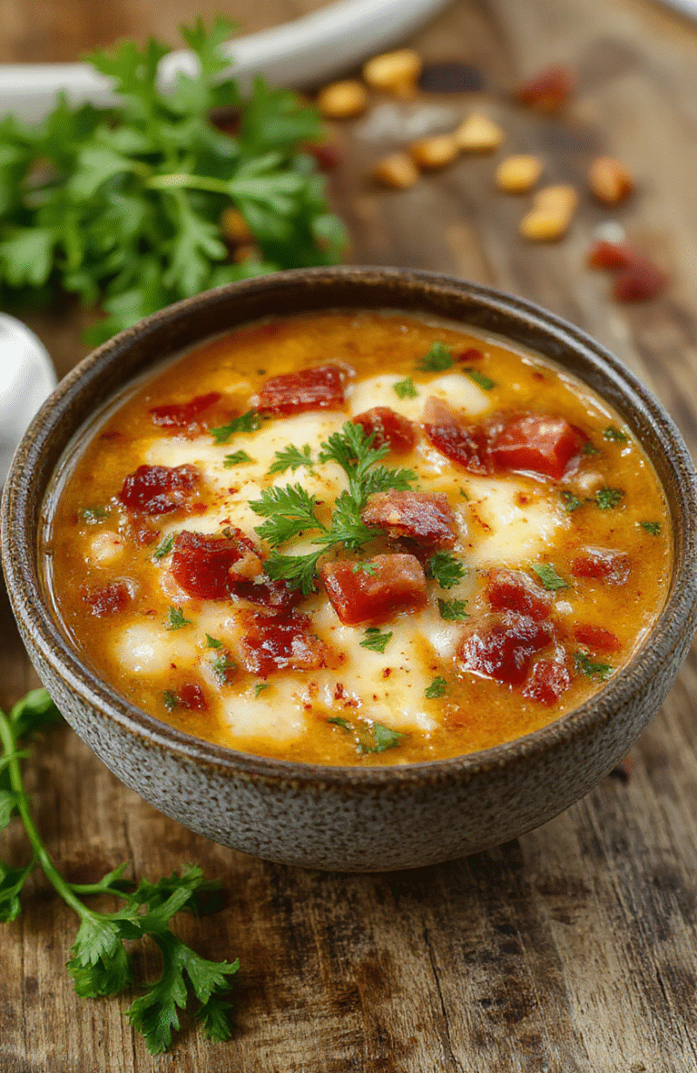 A vibrant bowl of cheeseburger soup with melted cheese, diced tomatoes, and crispy bacon garnished with fresh parsley, served with crusty bread on a rustic wooden table.
