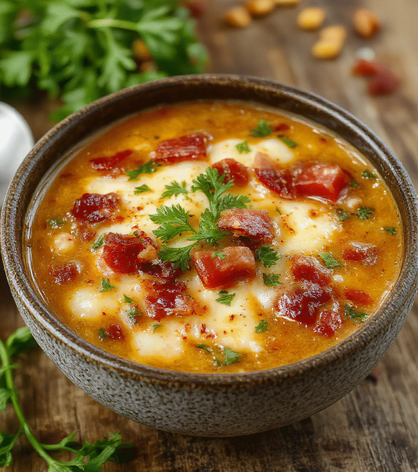 A vibrant bowl of cheeseburger soup with melted cheese, diced tomatoes, and crispy bacon garnished with fresh parsley, served with crusty bread on a rustic wooden table.