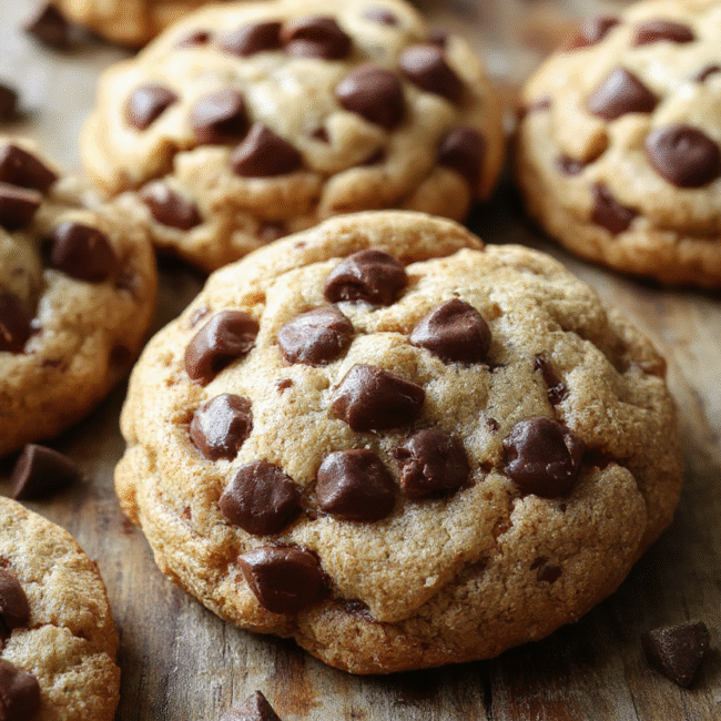 A close-up of freshly baked chewy chocolate chip cookies on a rustic wooden surface, with gooey chocolate chips melting, golden-brown edges, and a soft, thick interior, styled casually with a few broken cookies to showcase their texture.