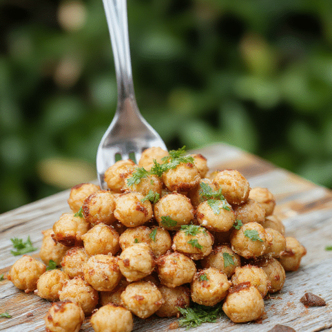 A vibrant bowl of Marry Me Chickpeas featuring golden-brown roasted chickpeas, fresh herbs, and colorful vegetables, arranged artfully on a rustic wooden table with natural lighting highlighting the textures and bright colors.