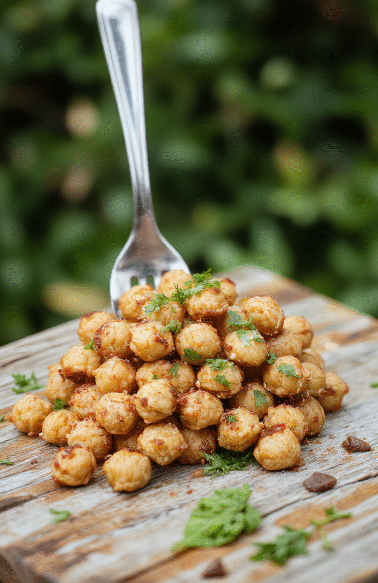 A vibrant bowl of Marry Me Chickpeas featuring golden-brown roasted chickpeas, fresh herbs, and colorful vegetables, arranged artfully on a rustic wooden table with natural lighting highlighting the textures and bright colors.