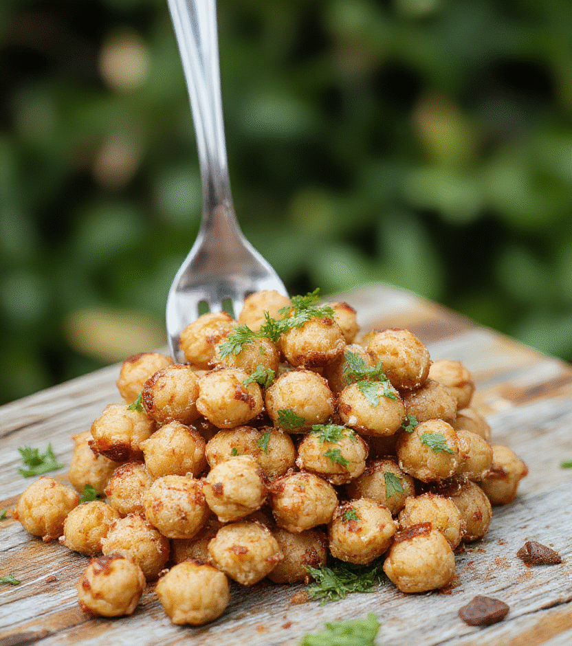A vibrant bowl of Marry Me Chickpeas featuring golden-brown roasted chickpeas, fresh herbs, and colorful vegetables, arranged artfully on a rustic wooden table with natural lighting highlighting the textures and bright colors.