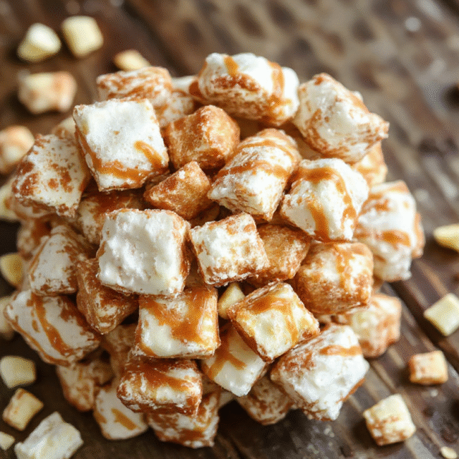 Vibrant fall-themed puppy chow coated with glossy caramel and cinnamon, scattered with chopped green and red apples, presented in a rustic bowl with a cozy background.