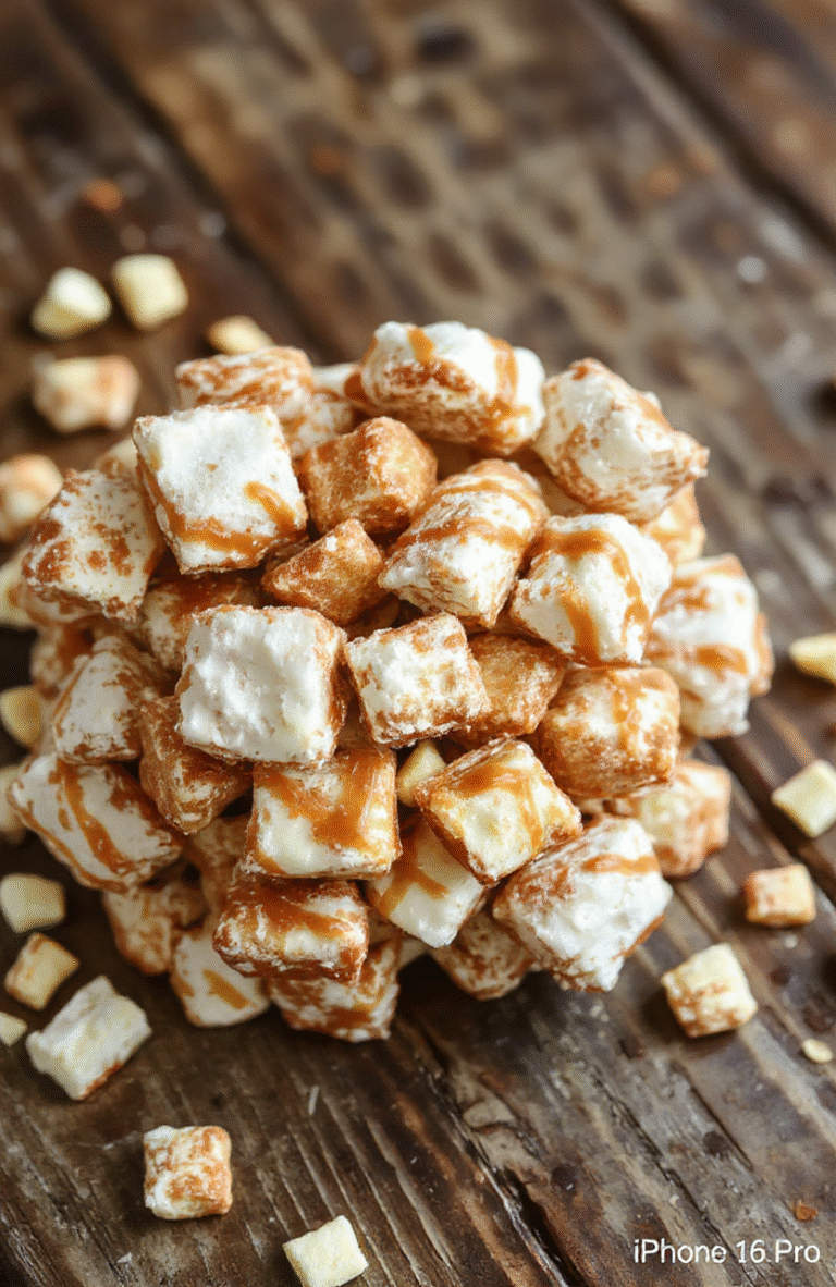 Vibrant fall-themed puppy chow coated with glossy caramel and cinnamon, scattered with chopped green and red apples, presented in a rustic bowl with a cozy background.