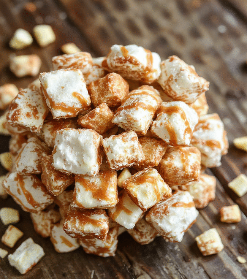 Vibrant fall-themed puppy chow coated with glossy caramel and cinnamon, scattered with chopped green and red apples, presented in a rustic bowl with a cozy background.