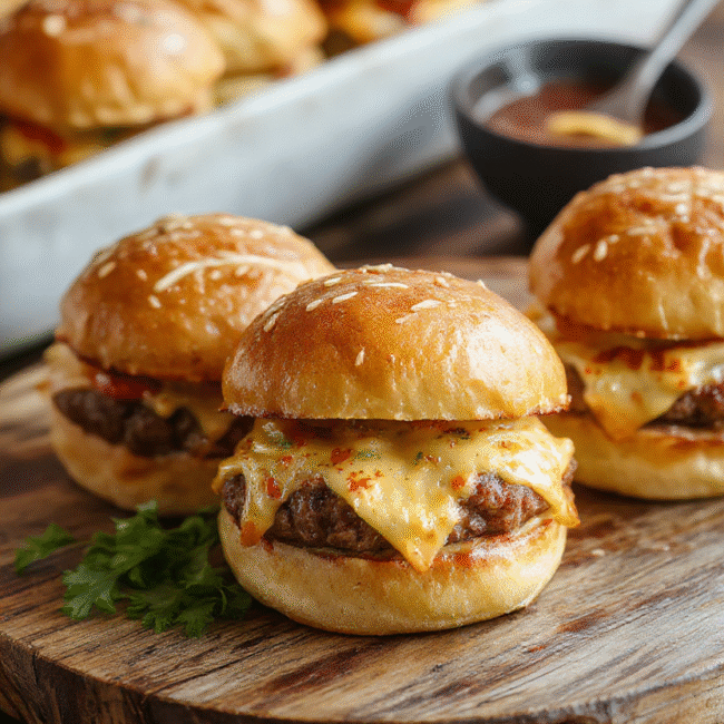 A close-up of golden brown cheeseburger sliders stacked on a rustic wooden platter, topped with melted cheese, fresh lettuce, tomato slices, and tiny sandwich buns, with sesame seeds sprinkled on top. The vibrant colors of the toppings contrast with the glossy, perfectly toasted buns, styled casually to evoke a homemade party vibe.