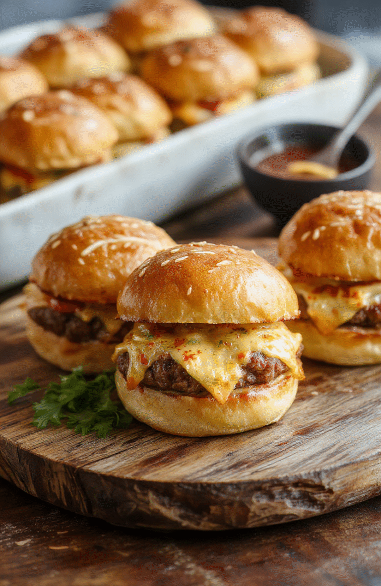 A close-up of golden brown cheeseburger sliders stacked on a rustic wooden platter, topped with melted cheese, fresh lettuce, tomato slices, and tiny sandwich buns, with sesame seeds sprinkled on top. The vibrant colors of the toppings contrast with the glossy, perfectly toasted buns, styled casually to evoke a homemade party vibe.