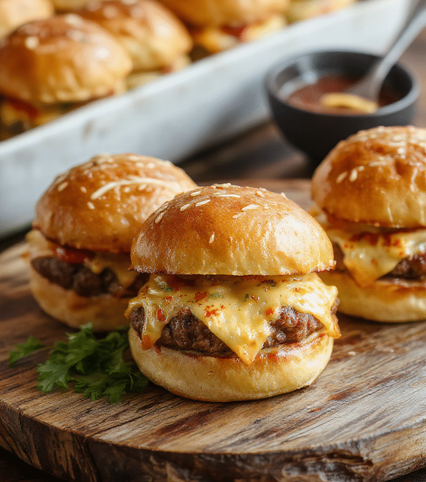 A close-up of golden brown cheeseburger sliders stacked on a rustic wooden platter, topped with melted cheese, fresh lettuce, tomato slices, and tiny sandwich buns, with sesame seeds sprinkled on top. The vibrant colors of the toppings contrast with the glossy, perfectly toasted buns, styled casually to evoke a homemade party vibe.