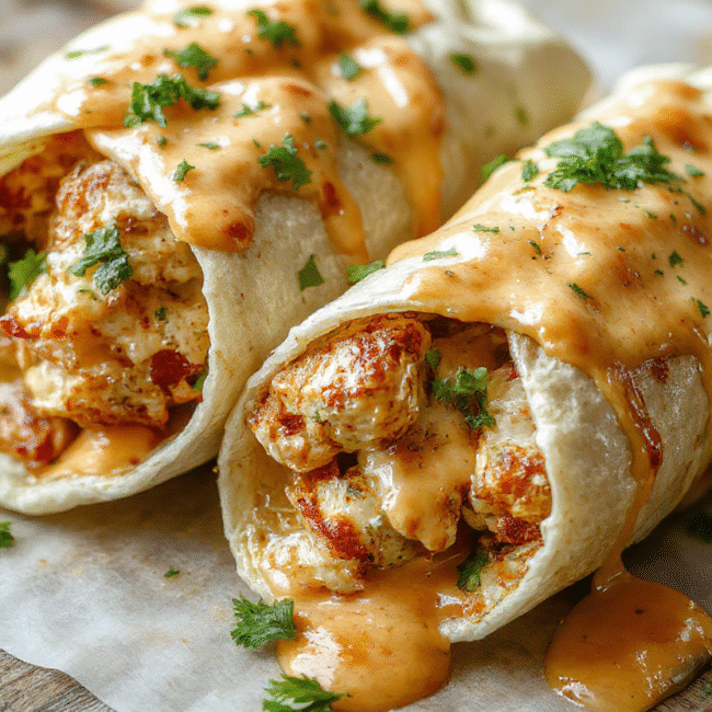 A vibrant plate of cheesy chicken wraps sliced open to reveal melted cheese, seasoned grilled chicken, fresh lettuce, and tomato, all wrapped in a toasted tortilla with a golden-brown crust. The wraps are arranged on a rustic wooden board with scattered herbs and a small dish of dipping sauce, styled for an inviting and appetizing presentation.