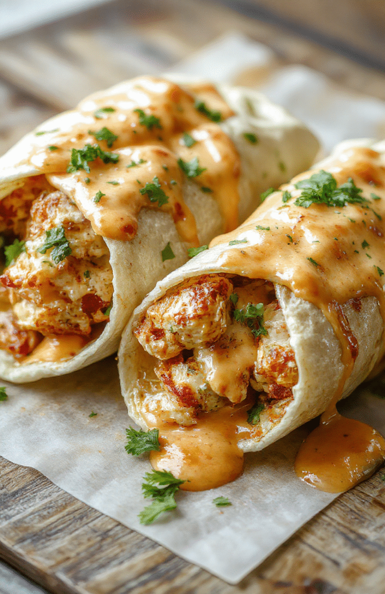 A vibrant plate of cheesy chicken wraps sliced open to reveal melted cheese, seasoned grilled chicken, fresh lettuce, and tomato, all wrapped in a toasted tortilla with a golden-brown crust. The wraps are arranged on a rustic wooden board with scattered herbs and a small dish of dipping sauce, styled for an inviting and appetizing presentation.