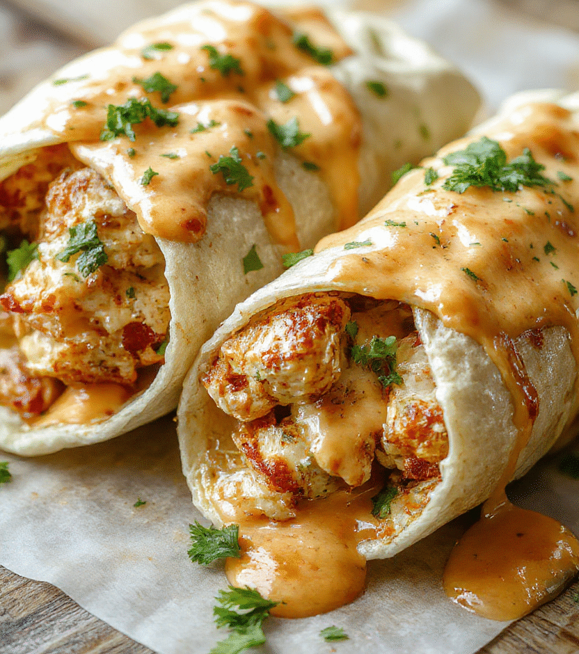 A vibrant plate of cheesy chicken wraps sliced open to reveal melted cheese, seasoned grilled chicken, fresh lettuce, and tomato, all wrapped in a toasted tortilla with a golden-brown crust. The wraps are arranged on a rustic wooden board with scattered herbs and a small dish of dipping sauce, styled for an inviting and appetizing presentation.