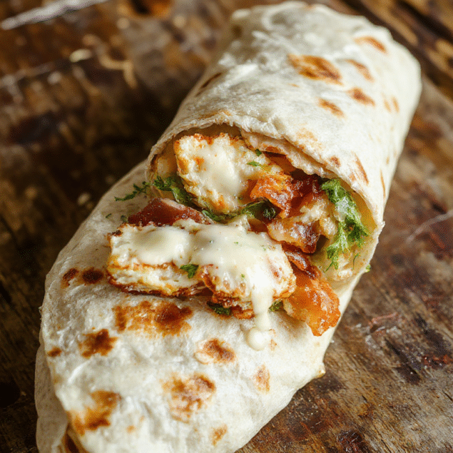 A vibrant chicken bacon ranch wrap sliced open to reveal juicy grilled chicken, crispy bacon, fresh lettuce, creamy ranch sauce, and shredded cheese, all wrapped in a soft tortilla, with colorful ingredients and textures highlighted.