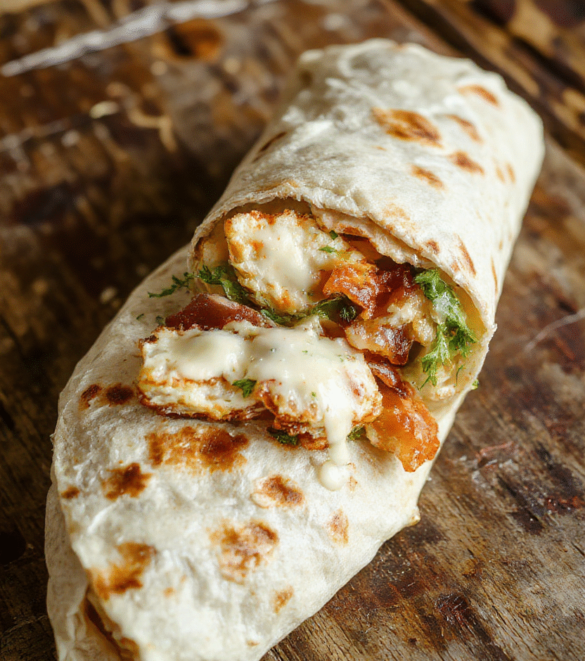 A vibrant chicken bacon ranch wrap sliced open to reveal juicy grilled chicken, crispy bacon, fresh lettuce, creamy ranch sauce, and shredded cheese, all wrapped in a soft tortilla, with colorful ingredients and textures highlighted.