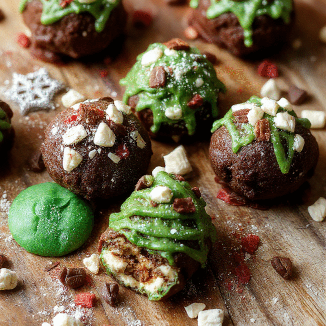 A vibrant plate of Christmas Tree Cake Truffles with green and red sprinkles, arranged on a rustic wooden surface, with a festive background. The truffles are coated in shiny green chocolate, with bits of colorful sprinkles for decoration, showcasing their rich texture. Soft natural lighting highlights the glossy finish and detailed holiday styling, making them look irresistible and perfect for holiday celebrations.