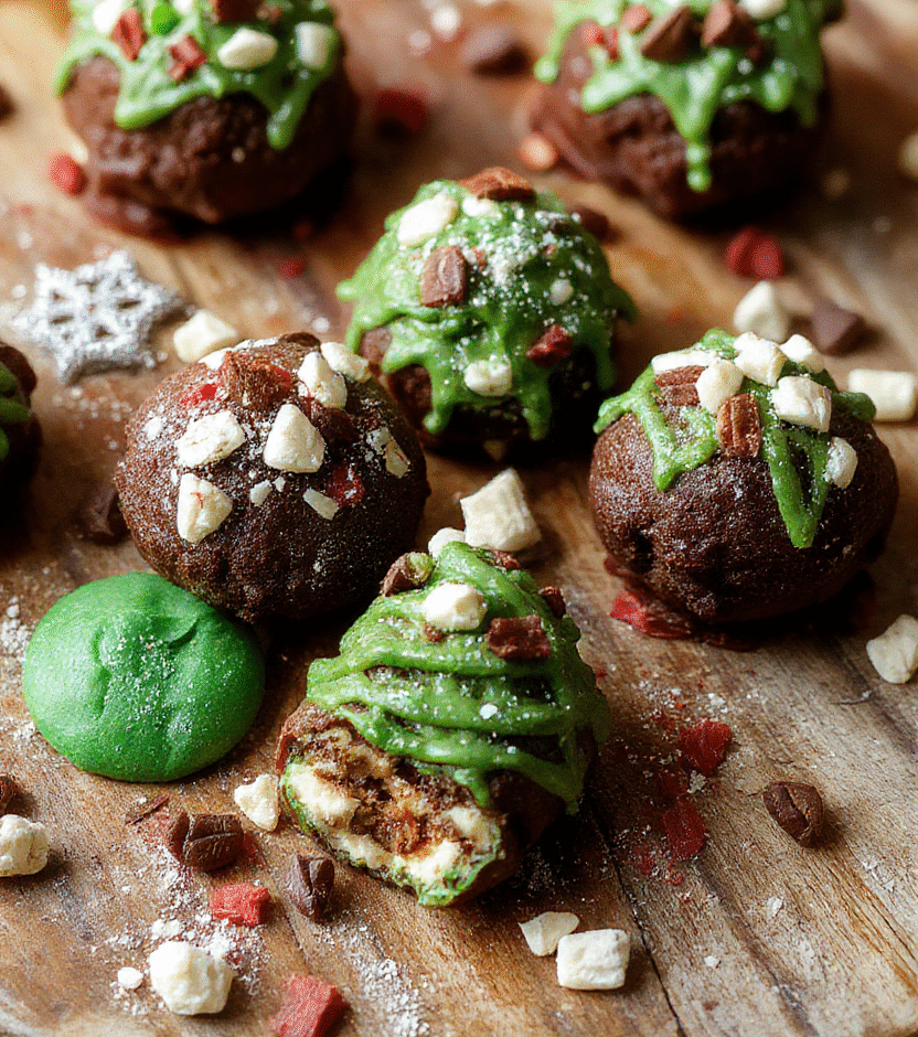 A vibrant plate of Christmas Tree Cake Truffles with green and red sprinkles, arranged on a rustic wooden surface, with a festive background. The truffles are coated in shiny green chocolate, with bits of colorful sprinkles for decoration, showcasing their rich texture. Soft natural lighting highlights the glossy finish and detailed holiday styling, making them look irresistible and perfect for holiday celebrations.