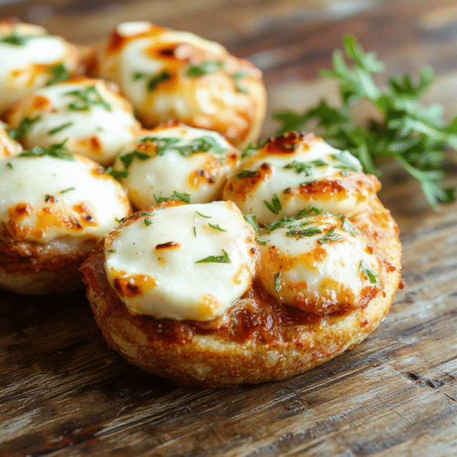 Golden crispy mozzarella bites arranged on a white plate, melted cheese oozing from the center. The bites are garnished with fresh green herbs, placed on a rustic wooden table, with a blurred background of a party setting and vibrant dips.