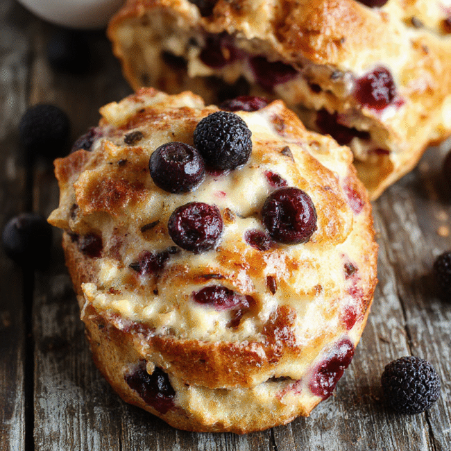 A golden, sliced blueberry cream cheese bread topped with fresh blueberries and a dusting of powdered sugar. The bread is arranged on a rustic wooden platter, showcasing its moist texture and swirls of cream cheese filling against a blurred background of a cozy kitchen setting.