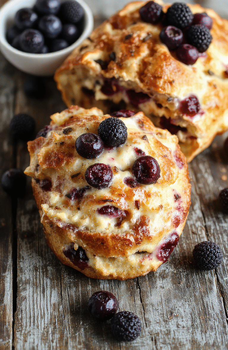 A golden, sliced blueberry cream cheese bread topped with fresh blueberries and a dusting of powdered sugar. The bread is arranged on a rustic wooden platter, showcasing its moist texture and swirls of cream cheese filling against a blurred background of a cozy kitchen setting.