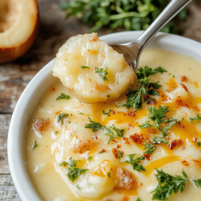 A creamy, loaded potato soup in a rustic white bowl topped with shredded cheddar cheese, fresh chopped herbs, and a dollop of sour cream, with a warm, golden-brown crusty bread beside it. The vibrant yellow cheddar contrasts with the green herbs, and the soup's smooth texture is visible beneath the toppings. The presentation showcases the cozy, comforting appeal of the dish, styled on a wooden table with natural lighting.