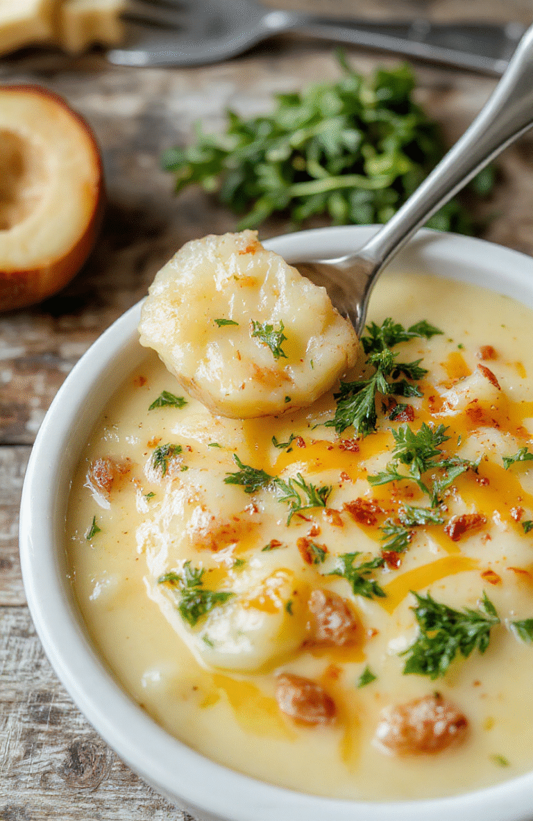 A creamy, loaded potato soup in a rustic white bowl topped with shredded cheddar cheese, fresh chopped herbs, and a dollop of sour cream, with a warm, golden-brown crusty bread beside it. The vibrant yellow cheddar contrasts with the green herbs, and the soup's smooth texture is visible beneath the toppings. The presentation showcases the cozy, comforting appeal of the dish, styled on a wooden table with natural lighting.