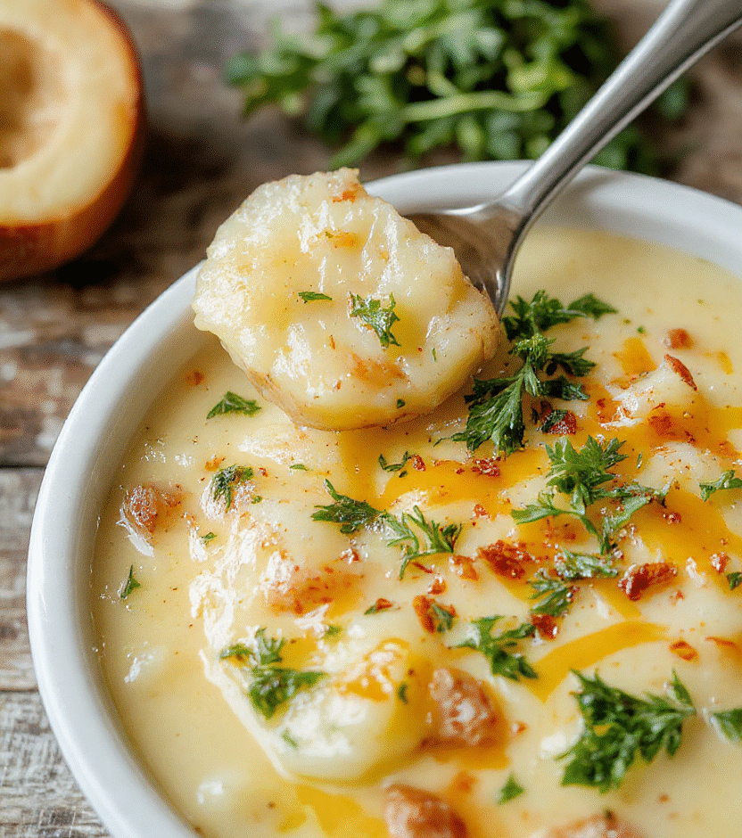 A creamy, loaded potato soup in a rustic white bowl topped with shredded cheddar cheese, fresh chopped herbs, and a dollop of sour cream, with a warm, golden-brown crusty bread beside it. The vibrant yellow cheddar contrasts with the green herbs, and the soup's smooth texture is visible beneath the toppings. The presentation showcases the cozy, comforting appeal of the dish, styled on a wooden table with natural lighting.