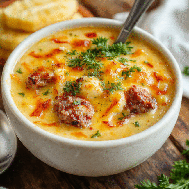 A hearty bowl of cheesy cheesesteak potato soup with melted cheese, tender potato chunks, and sliced steak garnished with fresh herbs, served in a rustic rustic bowl with a spoon, set on a wooden table with a cozy kitchen background, vibrant colors, creamy texture, inviting and warm presentation.