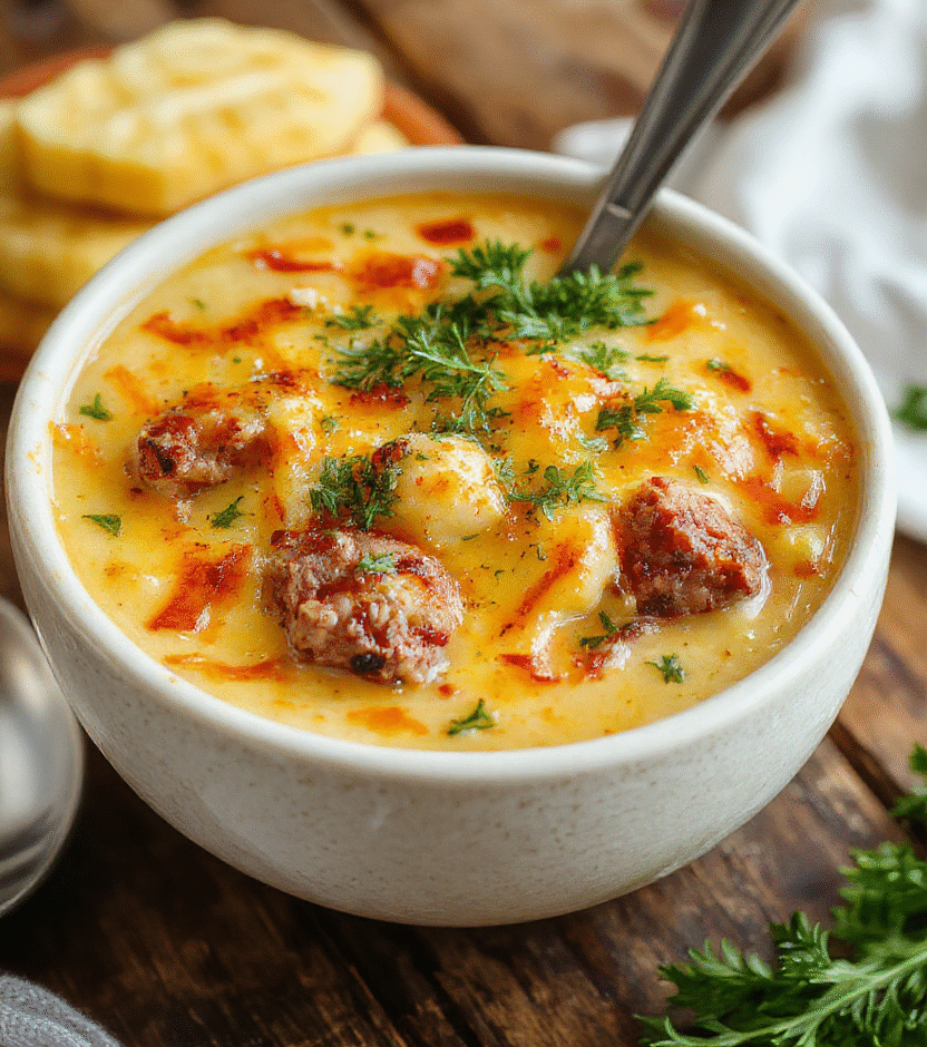A hearty bowl of cheesy cheesesteak potato soup with melted cheese, tender potato chunks, and sliced steak garnished with fresh herbs, served in a rustic rustic bowl with a spoon, set on a wooden table with a cozy kitchen background, vibrant colors, creamy texture, inviting and warm presentation.