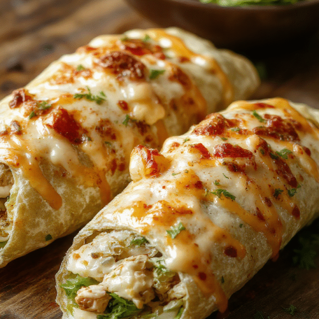 Colorful cheesy chicken wraps neatly rolled on a white plate, golden brown exterior, melted cheese peeking out, garnished with fresh herbs, styled for an appealing, casual look.