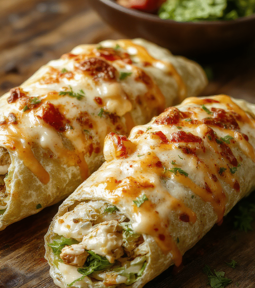 Colorful cheesy chicken wraps neatly rolled on a white plate, golden brown exterior, melted cheese peeking out, garnished with fresh herbs, styled for an appealing, casual look.